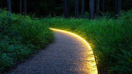 Glowing pathway light in forest at night surrounded by green grass and tall trees creating soothing natural atmosphere