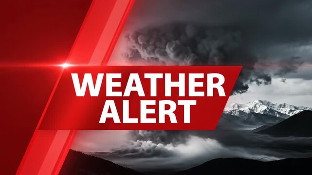 Urgent Weather Alert graphic over dark storm clouds and snowy mountains. Use for news broadcasts and emergency warnings.