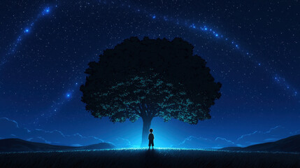 Calm silhouette of child standing under large tree glowing softly at night with starry sky and gentle hills in background