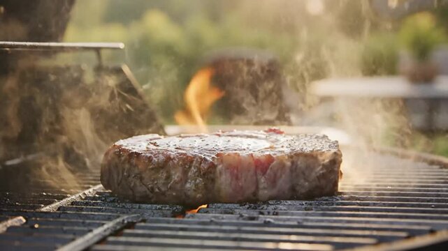 Close-up shot of a juicy ribeye steak being flipped on a hot outdoor barbecue grill with flames