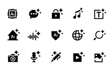 AI generate icons with magic sparkles and security shield for chatbot software UI, generative music, text editing, voice and video, image creation, smart home automation AI tools. Vector isolated set © Tartila