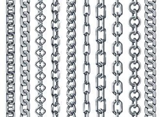 Fototapeta na wymiar Silver chain seamless borders. Vertical metal links, polished steel pattern brushes for jewelry, marine design. Glossy realistic chains for necklace or bracelet vector dividers isolated set