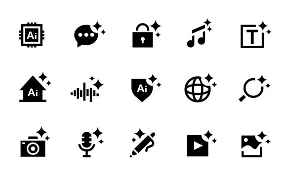 AI generate icons with magic sparkles and security shield for chatbot software UI, generative music, text editing, voice and video, image creation, smart home automation AI tools. Vector isolated set