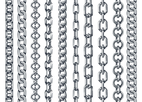 Silver chain seamless borders. Vertical metal links, polished steel pattern brushes for jewelry, marine design. Glossy realistic chains for necklace or bracelet vector dividers isolated set