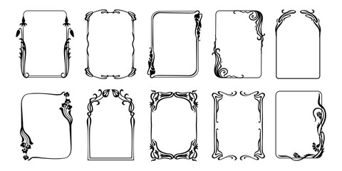 Art nouveau frame set with floral borders and ornate filigree for vintage certificate, classic wedding invitation and baroque monogram. Vector decorative ornamental floral frames isolated set © Tartila