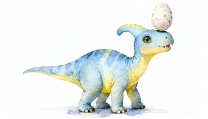 Naklejka premium Cute watercolor Parasaurolophus balancing a decorated Easter egg on its head