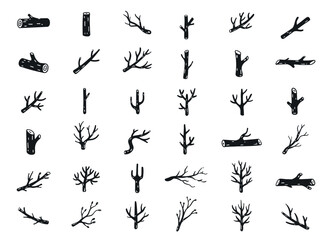 Tree branches, rustic stick silhouette. Hand drawn wood twigs, abstract autumn bare black branch bark, forest outline wooden logs. Doodle firewood minimal elements, Halloween gothic vector decoration © Tartila