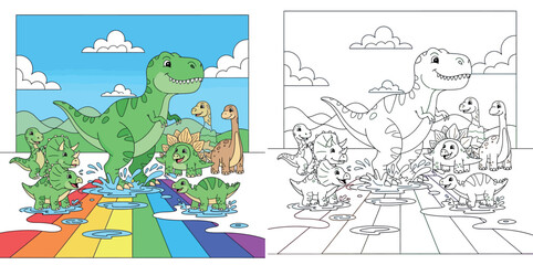 Cute cartoon dinosaurs playing on rainbow road, happy T-Rex and baby dino friends splashing in water puddles, colorful vector illustration for kids © MstSangita