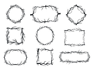 Rustic branch frame. Abstract dry twigs botanical borders, decorative entwined tree branches. Circle, square and oval, rectangle hand drawn roots. Vintage spooky Halloween mystical vector decoration © Tartila
