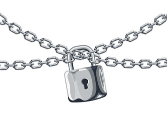 Metal chain and padlock. Steel closed lock on chains 3d realistic isolated vector background. Internet security, privacy protection and encrypted password, safety login and firewall business concept