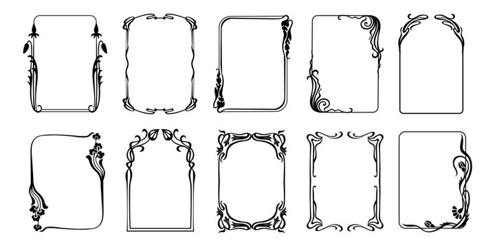 Art nouveau frame set with floral borders and ornate filigree for vintage certificate, classic wedding invitation and baroque monogram. Vector decorative ornamental floral frames isolated set