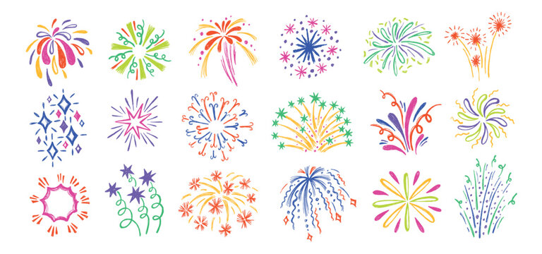 Fireworks burst doodle. Firecracker with sparkle stars and color explosion for holiday celebration, Diwali festival and party invitation. Hand drawn bright pyrotechnic, confetti isolated vector set