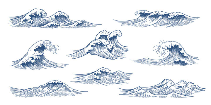 Hand drawn sea waves. Ocean blue water surf wave vintage sketch, tidal foam, storm splashes doodle, nautical outline graphic in Japanese engraving style. Marine retro tattoo vector isolated set