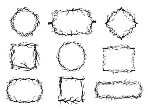 Rustic branch frame. Abstract dry twigs botanical borders, decorative entwined tree branches. Circle, square and oval, rectangle hand drawn roots. Vintage spooky Halloween mystical vector decoration