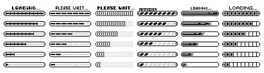 Obraz premium Pixel loader. Retro video game download process indicator, health meter, status level for arcade gaming dashboard. 80s vintage video game pixelated user interface elements. Vector isolated set