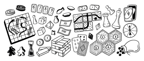 Board game doodle. Snakes ladders board, dice, dominoes, cards and chess, tokens, money, tiles, hourglass, spinner. Hand drawn vector illustration © Tartila