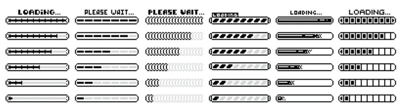 Pixel loader. Retro video game download process indicator, health meter, status level for arcade gaming dashboard. 80s vintage video game pixelated user interface elements. Vector isolated set