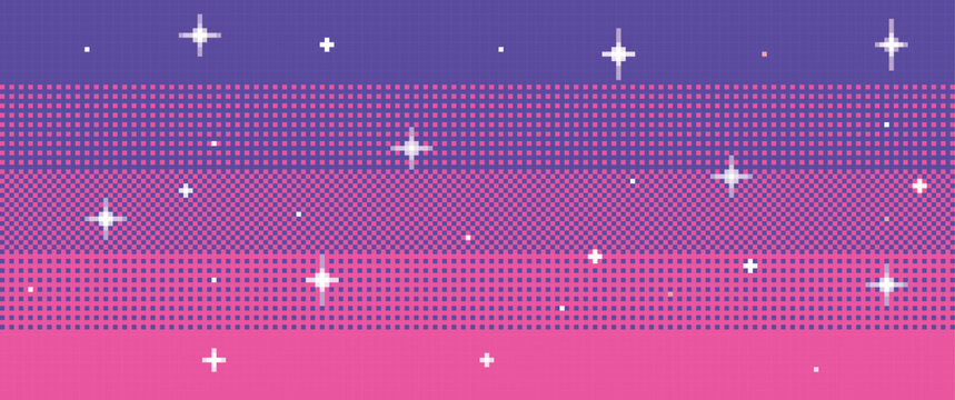 Sunset pixel sky. 8bit magic pink star field with dithering, pixelated stars. 80s galaxy interstellar, retro 2D arcade videogame. Vaporwave or synthwave wallpaper universe pattern. Vector background