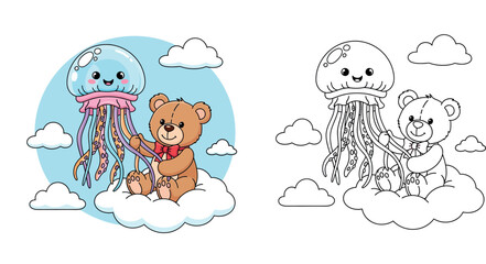 Cute cartoon teddy bear sitting on a cloud holding a happy jellyfish balloon in the blue sky, vector illustration for kids, whimsical fantasy concept art. © MstSangita