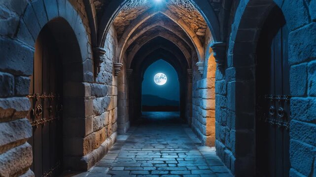 Mysterious Medieval Castle Corridor at Night with Moonlight and Spooky Passage Effects