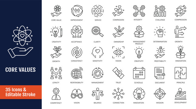 Core Values line editable icon set. Icons related to core values, innovation, quality, integrity, responsibility, teamwork, reliability, honesty, and more. Outline icon with Editable stroke. Vector il