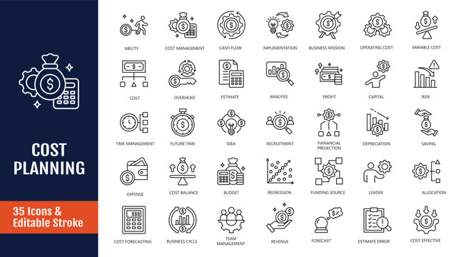 Cost planning icon set. Icons related to Budget, expense, estimate, investment, allocation, funding and more. Outline icon with Editable stroke. Vector illustration