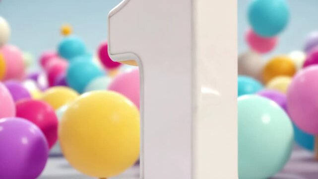 Cheerful first anniversary celebration number one standing tall among colorful balloons perfect for birthday festivities and special occasions