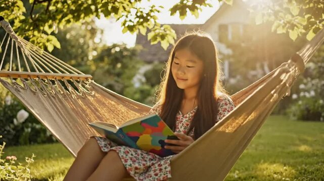 Young girl reading a book in a hammock on a sunny afternoon in a peaceful garden setting