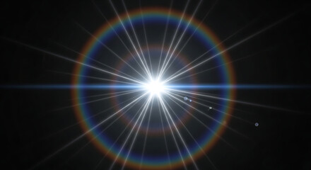 Fototapeta premium a brilliant digital lens flare effect with a central starburst and a spectral rainbow halo radiating intense light against a dark background ideal for abstract and technology visuals.