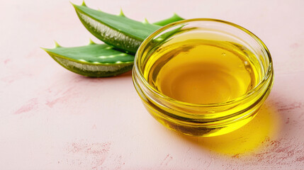 Castor oil in glass bowl with fresh aloe vera leaves on pink surface for natural skincare and beauty treatment