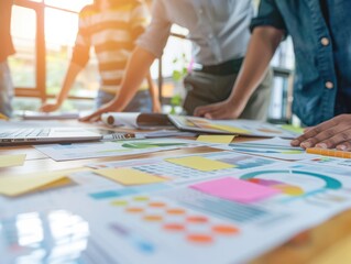 business people team working together using color papers and data charts on a table in the office
