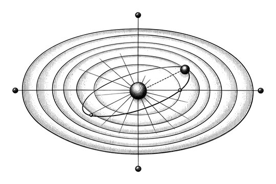 Retro geocentric solar system diagram in engraved style