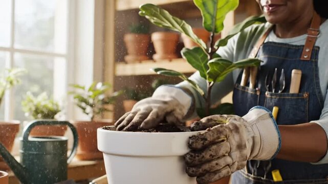 Woman potting a fiddle leaf fig plant with soil and wearing gardening gloves in a sunny greenhouse