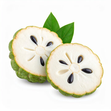 Fresh sugar apple (Annona squamosa) fruit cut in half with green leaves isolated on white background. Sweetsops or custard apples. Exotic tropical fruit with creamy white pulp and glossy black seeds.