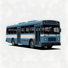 Light Blue and White City Bus Isolated on White Background, Retro Boxy Transit Coach with Middle Door and Tinted Windows