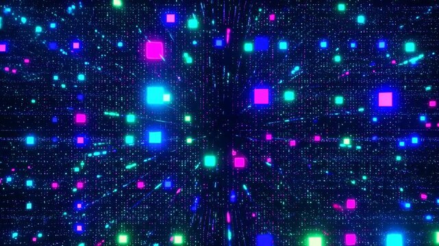 Multicolor Digital Particles Move Through Tunnel Towards Observer Amidst Radiant Galaxy Surroundings