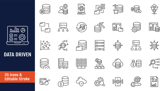 Data Driven line editable icon set. Icon related to algorithm, big data, analysis, analytics, data mining, visualization, database and more. Outline icon with Editable stroke. Vector illustration