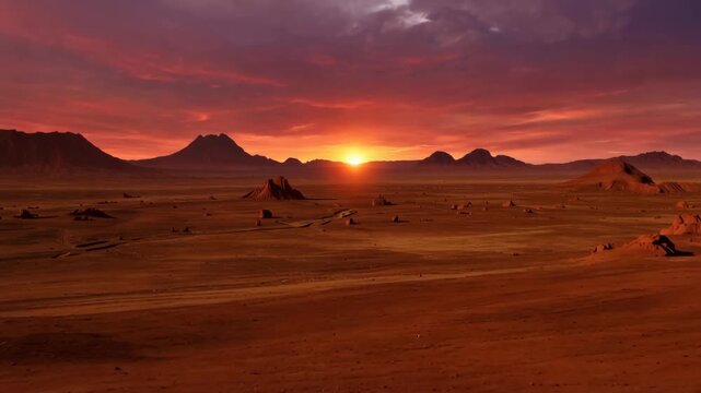 Dramatic martian sunset over desert landscape featuring distant mountains and red sky displaying an alien environment