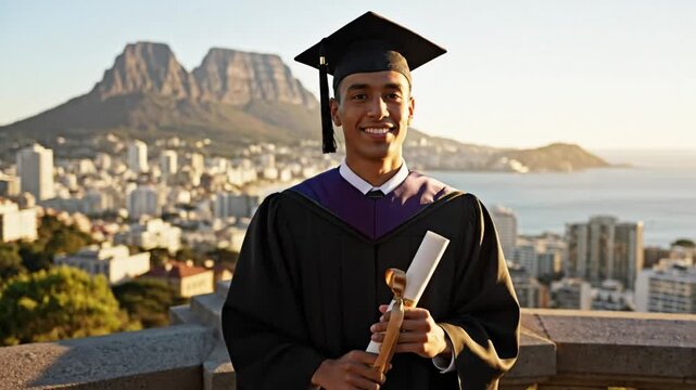 Happy Graduate in Cap and Gown Holding Diploma with City and Mountain Scenery Background
