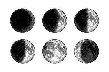Detailed moon phases in black and white: six intricate designs