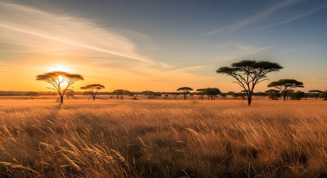Autumn savanna landscape in South Africa, golden grass, scattered trees, warm sunset light