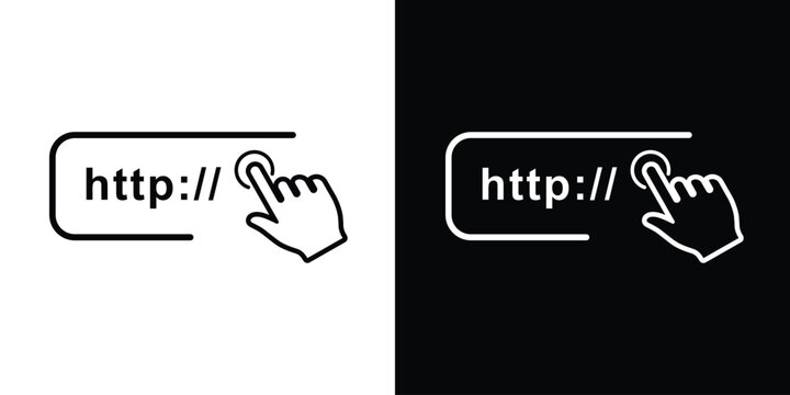 Minimalist web URL address bar icon with "http://" and a hand clicking the cursor. Linear vector set in black and white backgrounds for website UX/UI design and digital access.