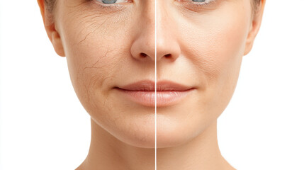 Dry cracked skin before and after treatment showing smooth healthy face with improved texture and hydration effect