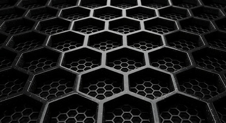 a dark hexagonal grid pattern with layered mesh texture forming a modern abstract tech background for data security and industrial design.