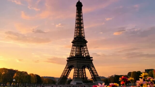 Eiffel tower silhouetted against a colorful sunset in paris,france featuring flowers and trees in the foreground