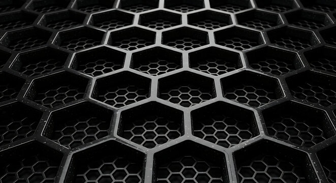 a dark hexagonal grid pattern with layered mesh texture forming a modern abstract tech background for data security and industrial design.