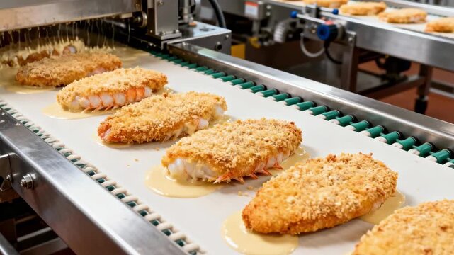 Medium shot of breaded seafood cutlets being precisely battered and encrusted with bread crumbs highlighting uniform texture and industrial food preparation processes.