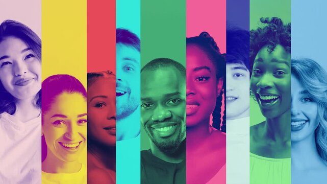 Video banner. Smiling multicultural group in colorful vertical stripe collage. Concept of teamwork promotion, startup branding, social media cover and motivational corporate communication.