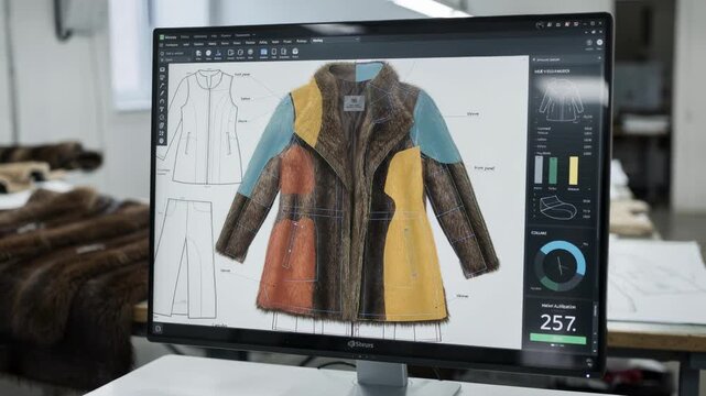 Medium shot of AIdriven software optimizing hide yield planning for fur coats highlighting intricate pattern placement and maximizing material use.