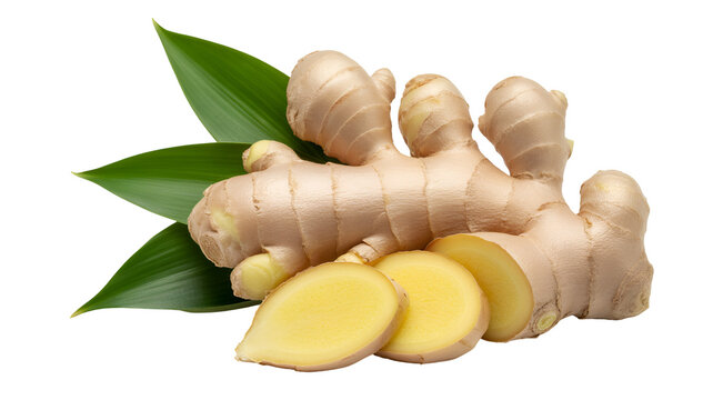 Fresh ginger root with slices and green leaves for culinary and health uses isolated on transparent white background